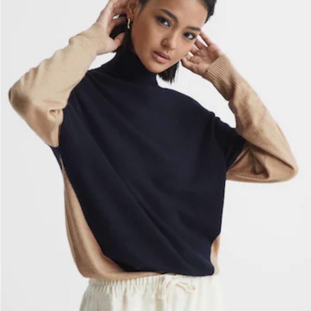 NWT REISS Nova Cashmere Blend Navy/Beige Colourblock Jumper (L)